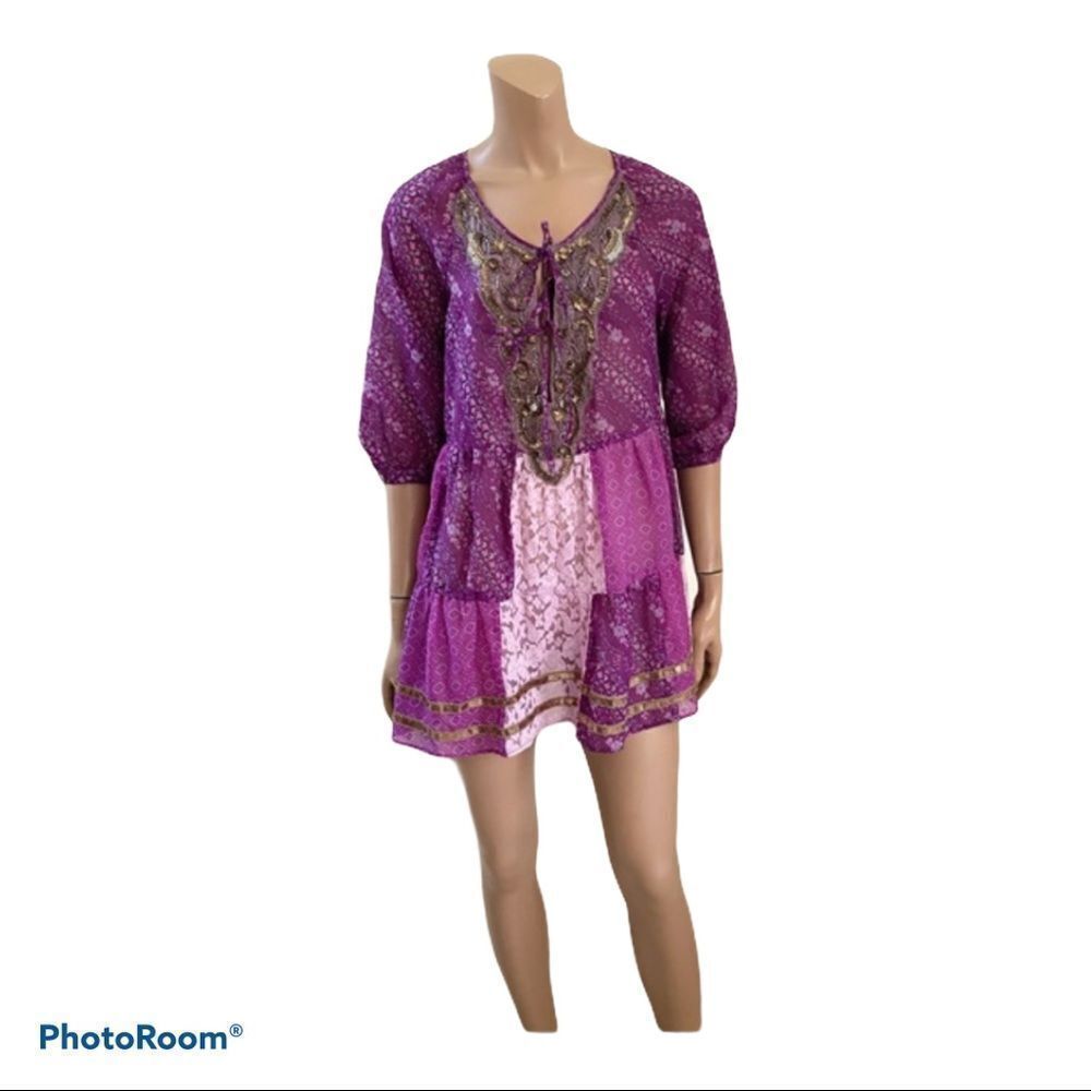 Free People Purple Gold Gossamer Embroidered Wings Tunic S